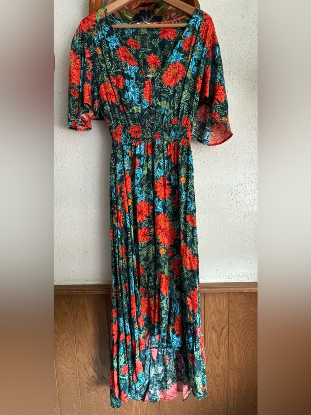 Abel The Label Fantasy Floral Maxi Dress in Green with Red Blooms Size medium